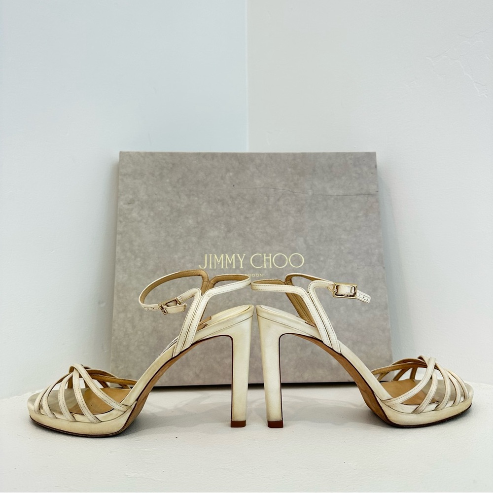 Jimmy Choo Ivory Satin Strappy High Heel Sandals